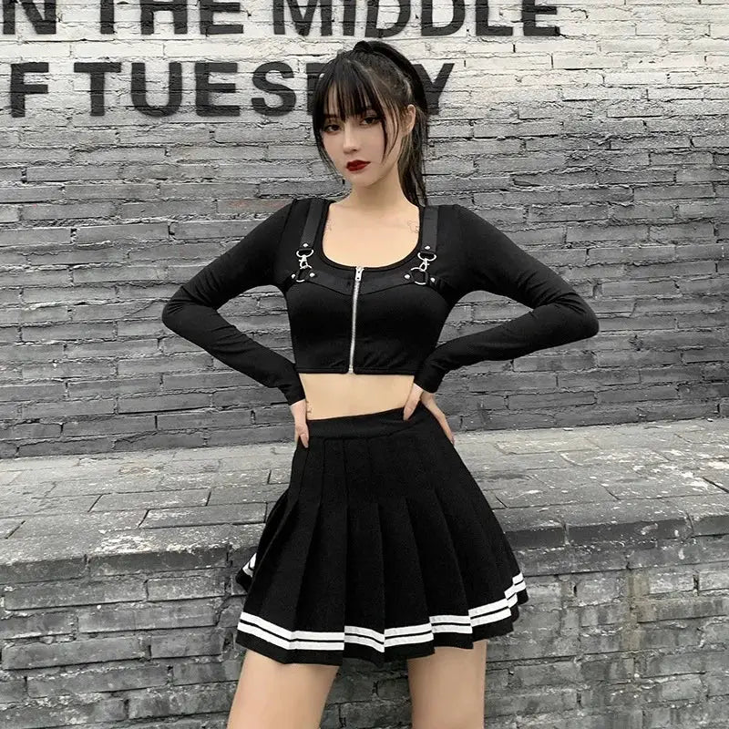 KawaiiGrove Vintage Korean Patchwork Skirt Harajuku Gothic Black Pleated High Waist Mini For Women