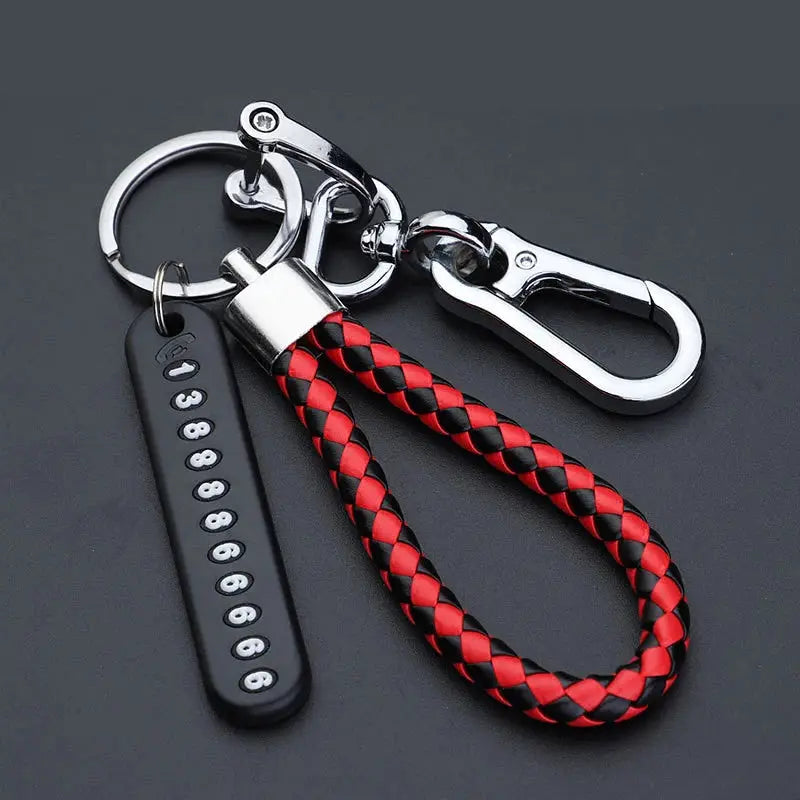 Anti Lost Car Keychain With Phone Number Card Key Ring Leather Braided Rope Zinc Alloy Charm Gift For Husband