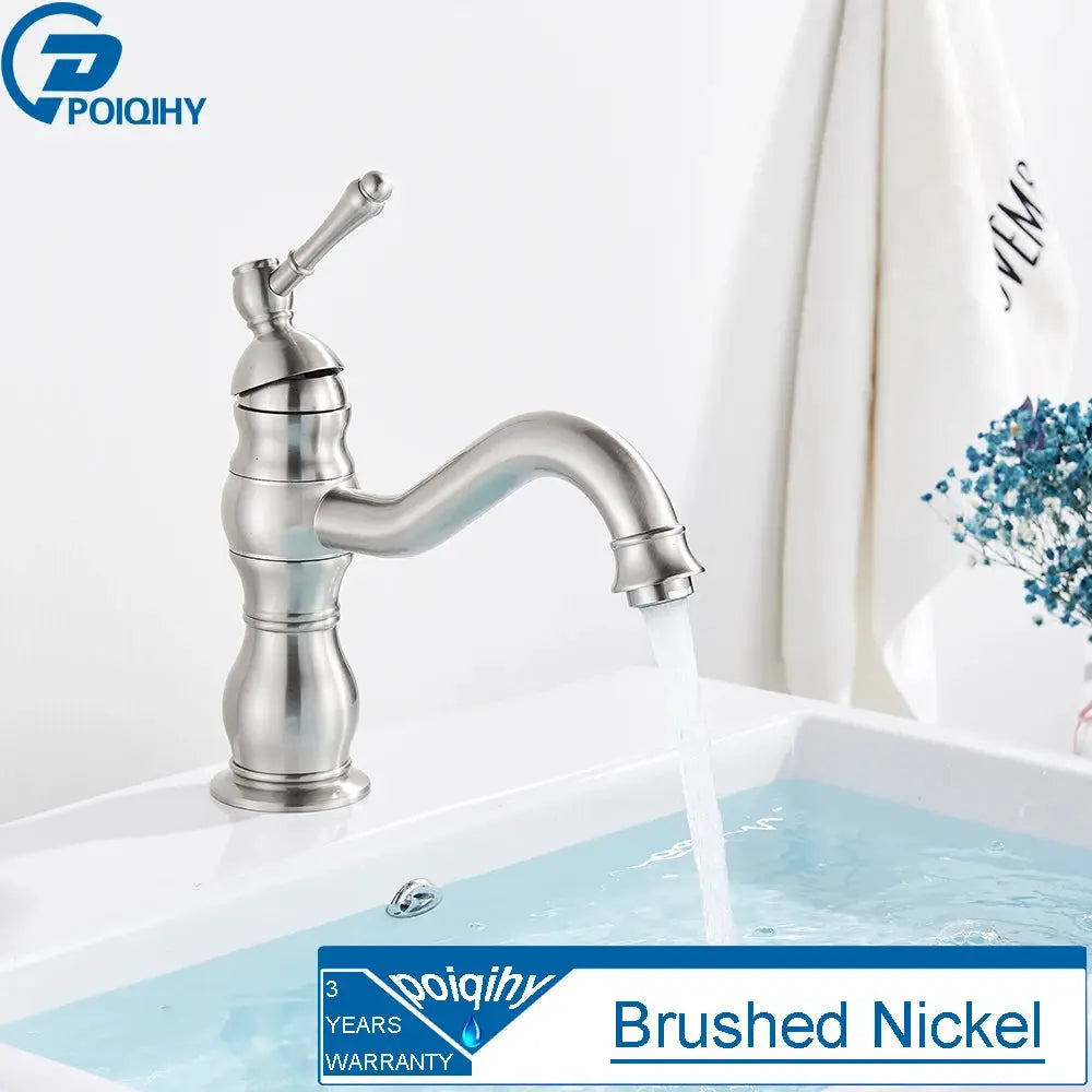 POIQIHY brushed nickel basin vessel sink faucet, deck-mounted one-hole hot and cold mixer.