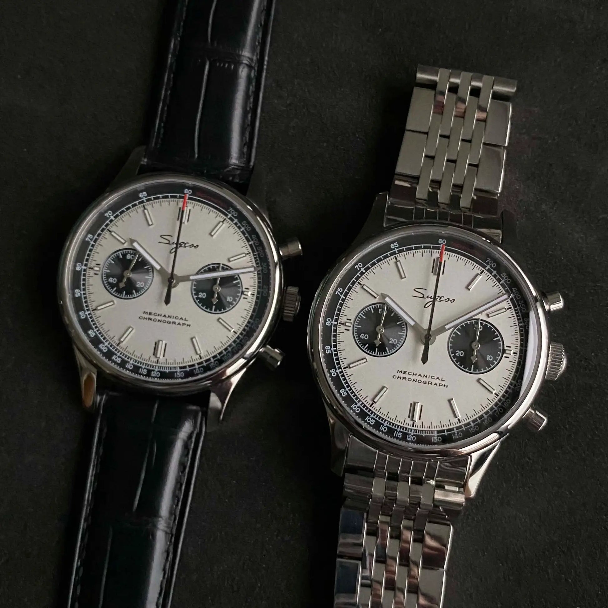 Simples Market panda chronograph watches, limited edition pilot mechanical, two 40mm wristwatches with black leather strap and stainless steel bracelet