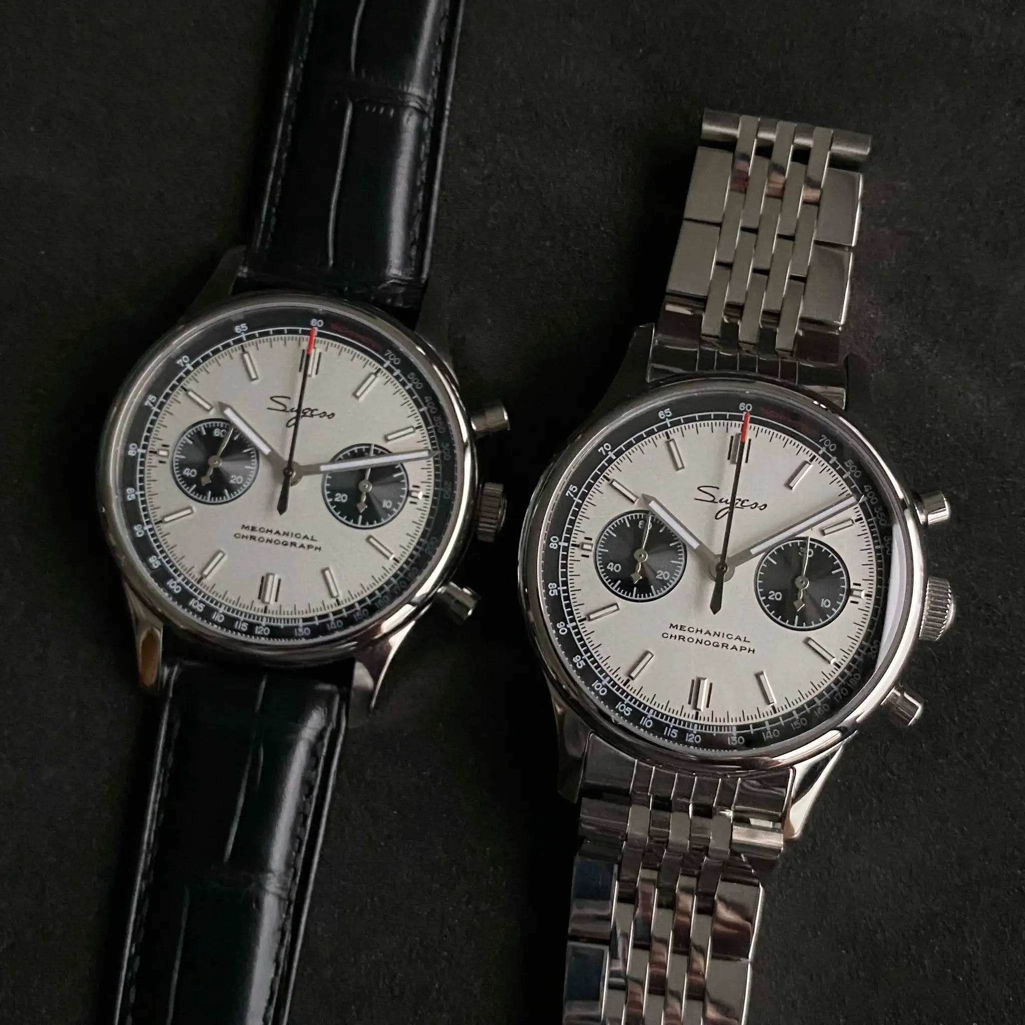 Simples Market panda chronograph watches, limited edition pilot mechanical, two 40mm wristwatches with black leather strap and stainless steel bracelet