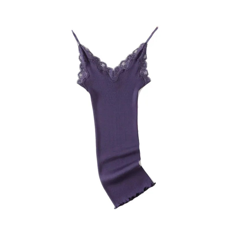 SuyaDream 70 Percent Silk Cotton Blend Lace Camisole With Spandex Knit For Soft Breathable Comfort