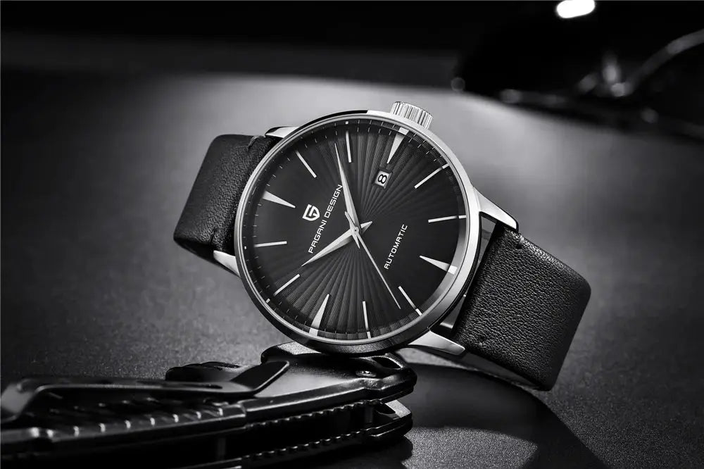 PAGANI DESIGN men's wristwatch with black dial, date window, stainless steel case, black leather strap