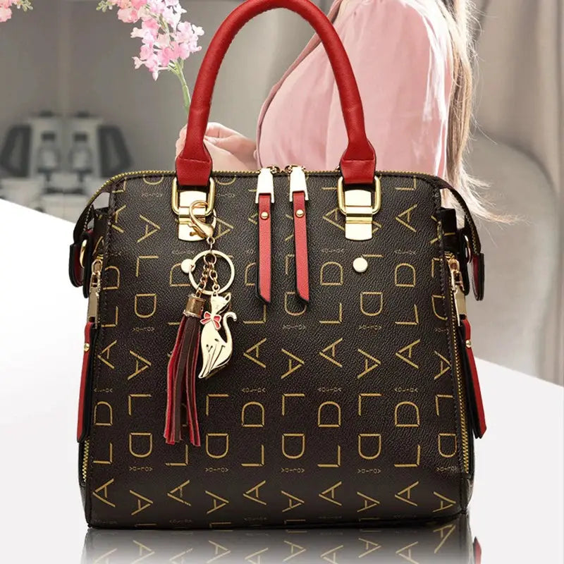 Simples Market PU leather letter handbag with dark brown body, red top-handle, gold hardware and tassel charm