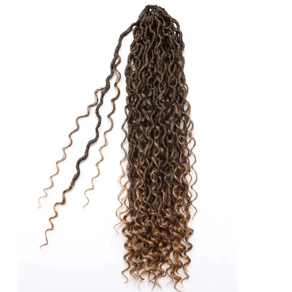 Synthetic Goddess Locs crochet hair extensions, long curly faux locs in dark brown to caramel ombre for women