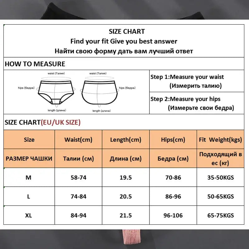 FINETOO cotton Brazilian panties size chart with EU/UK sizes M-L-XL and waist, length, hip measurements