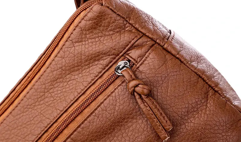 Simples Market brown PU leather women's messenger shoulder bag with zip pocket.