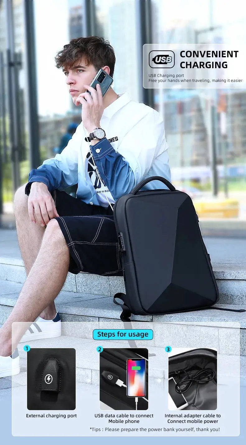 Fenruien laptop backpack with USB charging port, black anti theft waterproof men's business travel bag