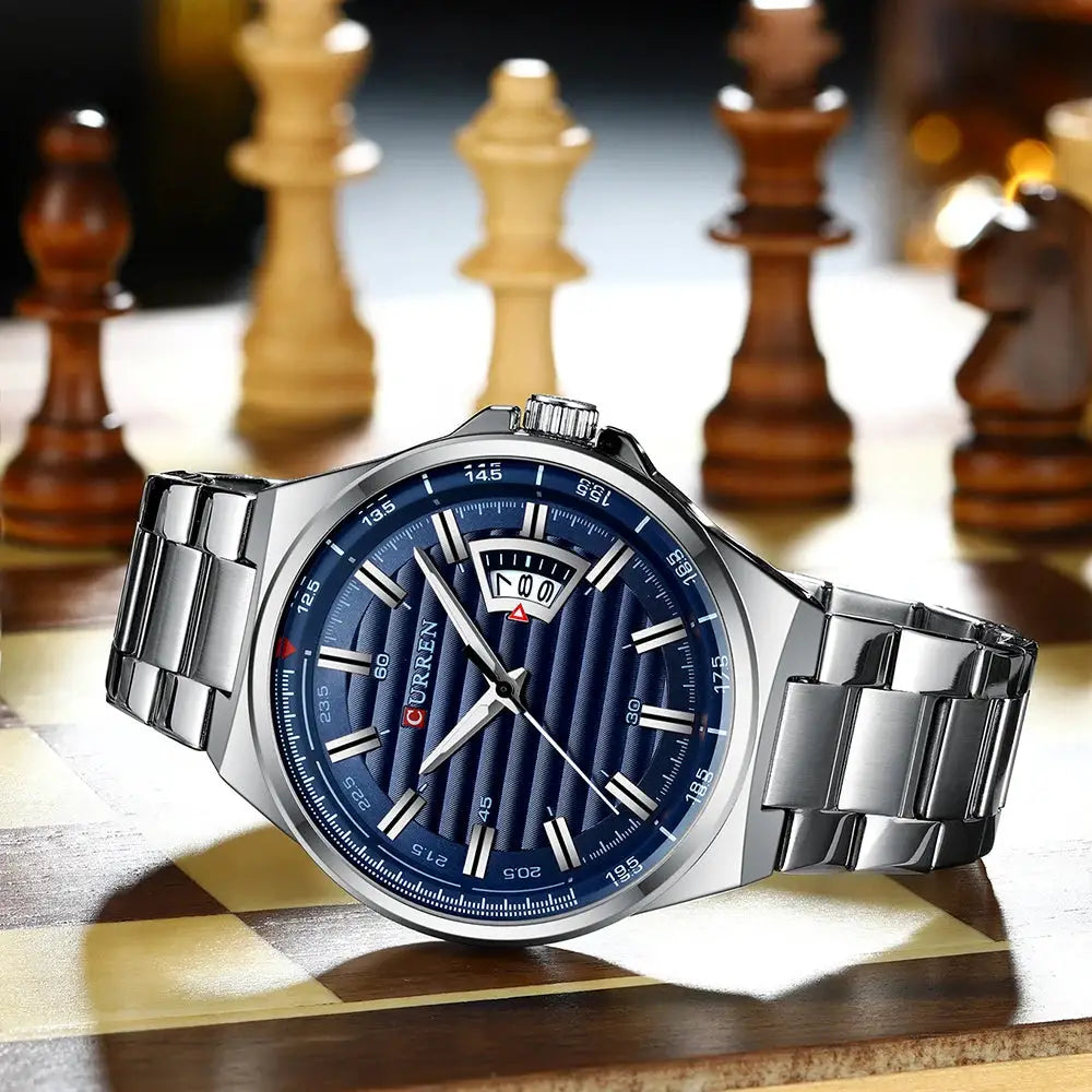 CURREN men's luxury stainless steel watch with blue dial, auto date, quartz movement