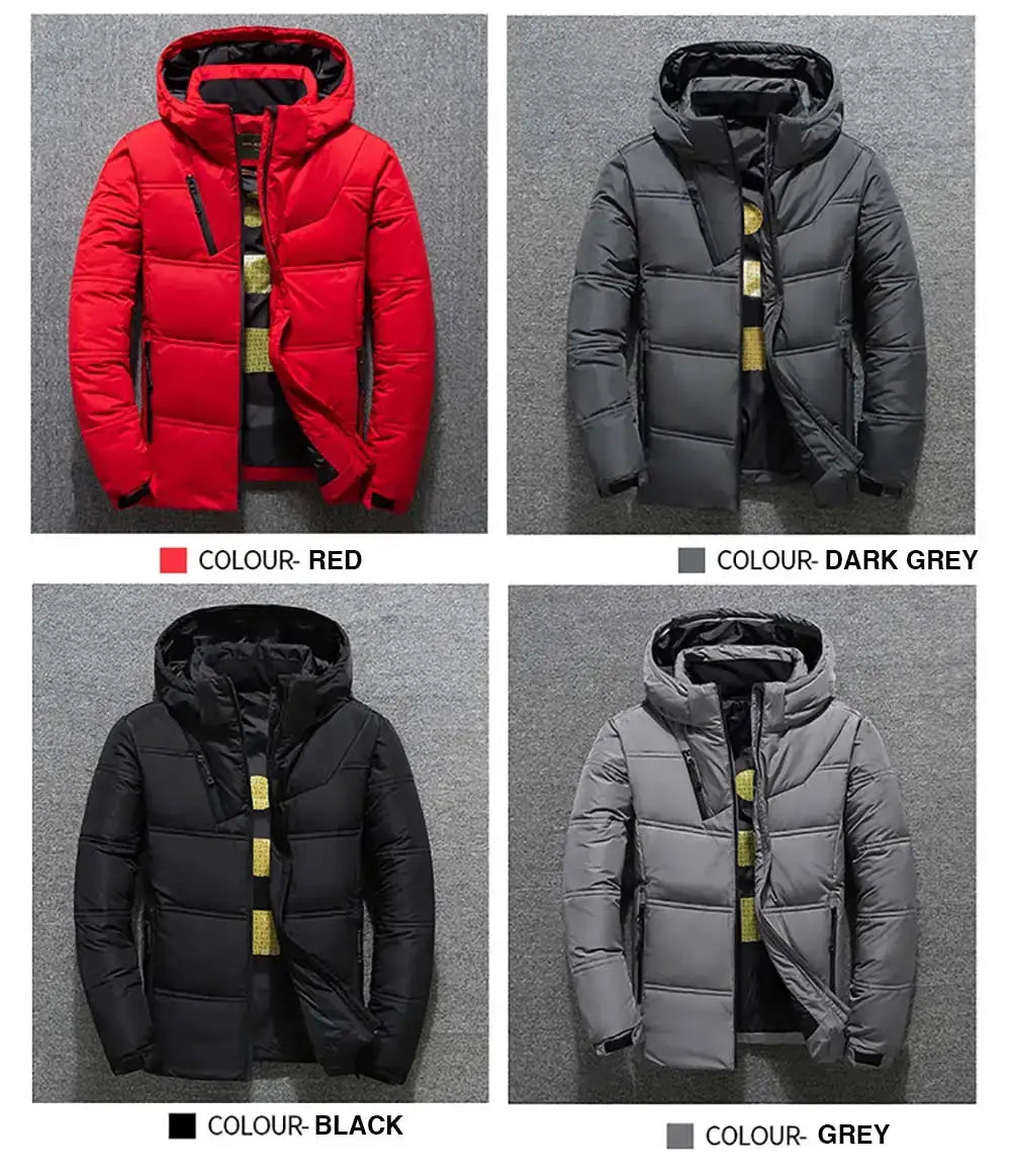 Winter warm men's puffer jacket with hood by Simples Market in red, dark grey, black and grey (set of 4)
