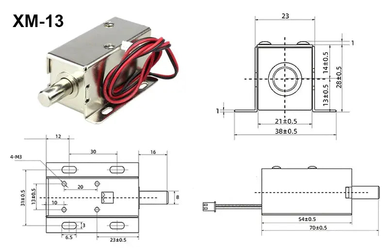 XM-13 DC 12V mini electric bolt lock, stainless steel solenoid with two-wire connection, fail-safe, easy to install.