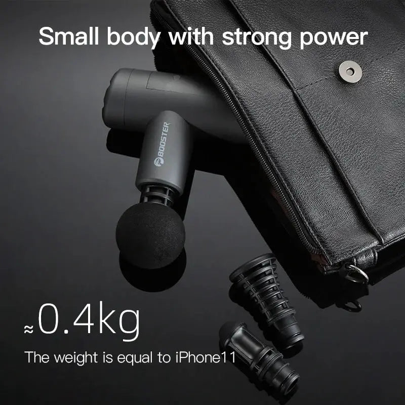 Booster Mini X massage gun, gray percussion massager with foam head and 3 attachments, portable 0.4 kg