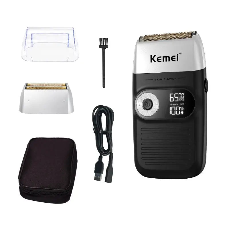 Kemei 6-piece electric shaver kit for men with USB charger, cleaning brush, storage pouch, stand, and extra head