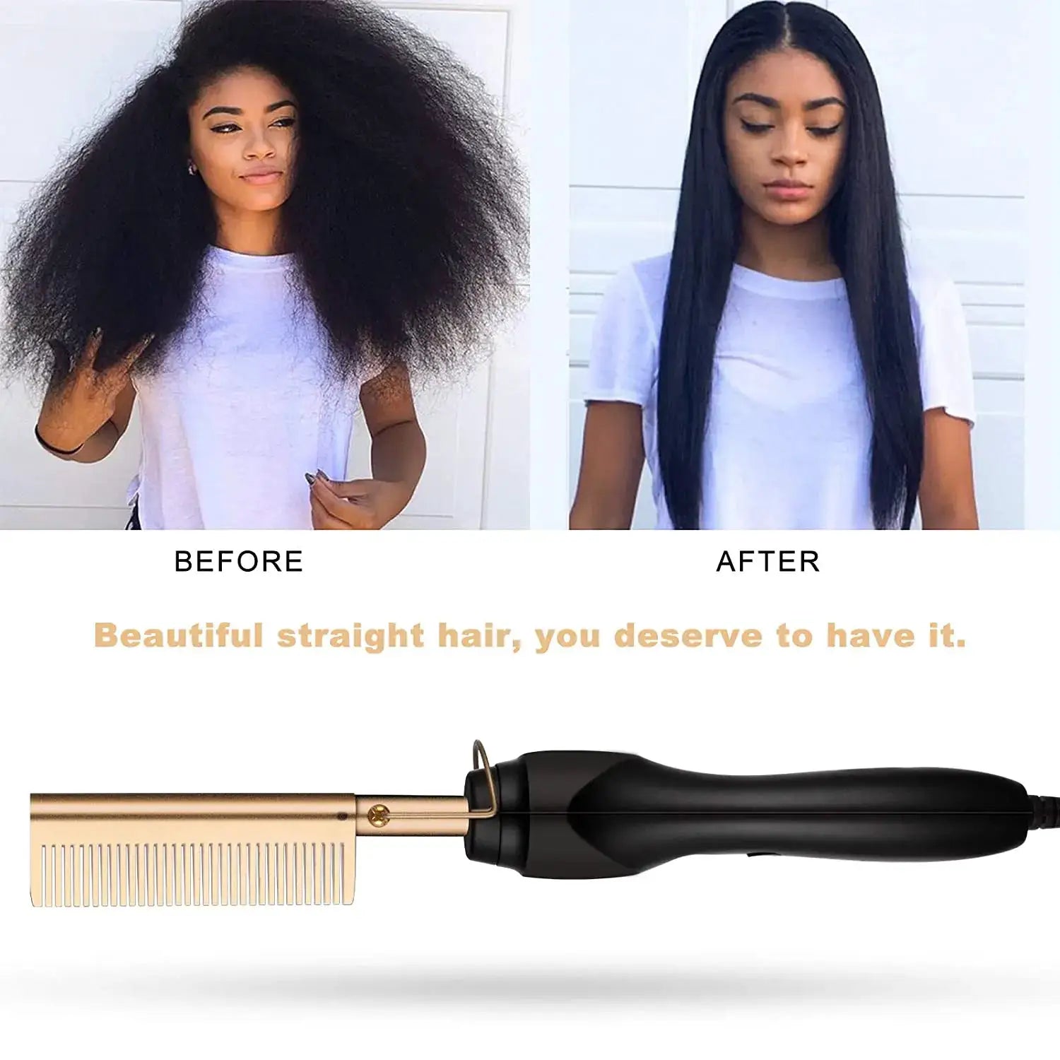 2-in-1 hot comb hair straightener by Simples Market, gold plated comb with black handle