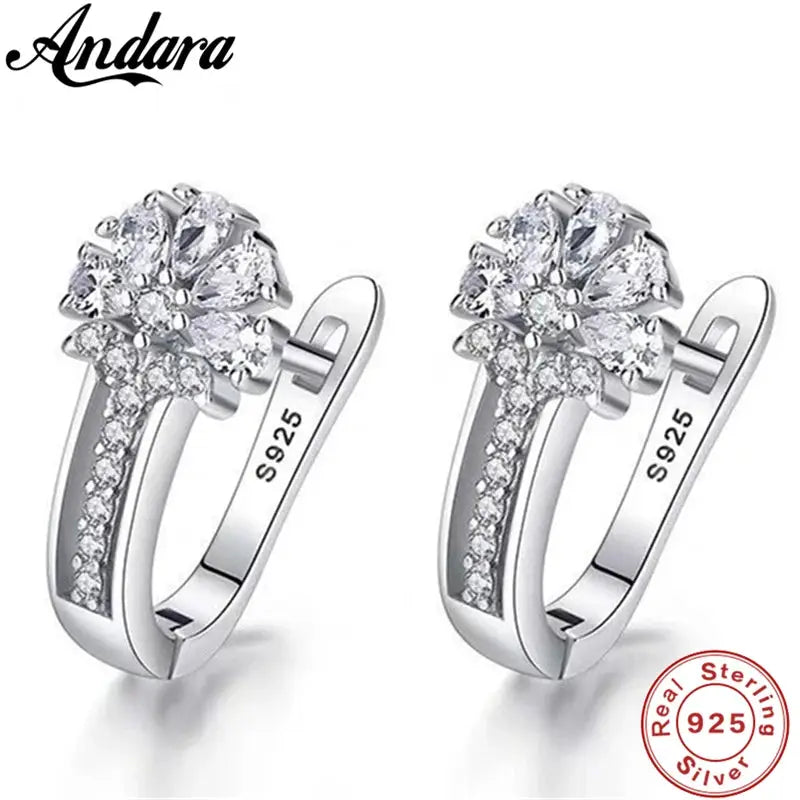 Andara 925 Sterling Silver Zircon Flower Hoop Earrings pair with flower cluster tops and pavé hoops