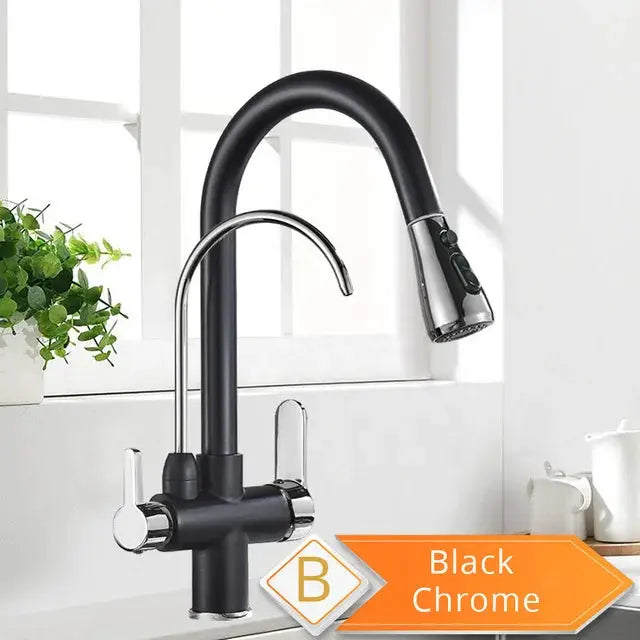 Kitchen faucet in black chrome with pull-out spray head and dual lever handles