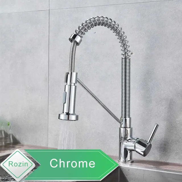 Rozin chrome kitchen faucet with flexible spring pull-down spray nozzle, deck-mounted, 360-degree rotation.