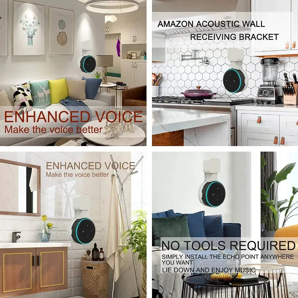 Echo Dot 3 wall mount holder with cord management; white mount on black Echo Dot 3rd gen in four-view collage