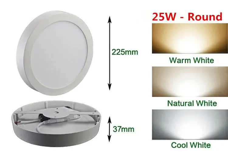 Simples Market 25W round LED panel light, 225mm diameter, 37mm depth; warm/natural/cool white options