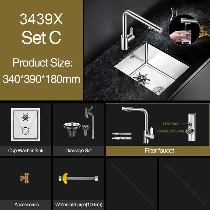 ASRAS Cup Washer Bar Sink kit, 304 stainless steel brushed 4mm, Simples Market, with faucet and drainage set