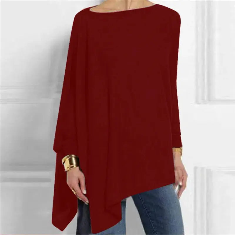Simples Market cotton irregular red blouse for women with round neck, long sleeves, and asymmetric hem