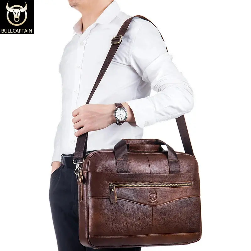 BullCaptain Leather Briefcase Messenger Bag for Men 14 Inch Laptop Compatible Genuine Cowhide for Office Professional