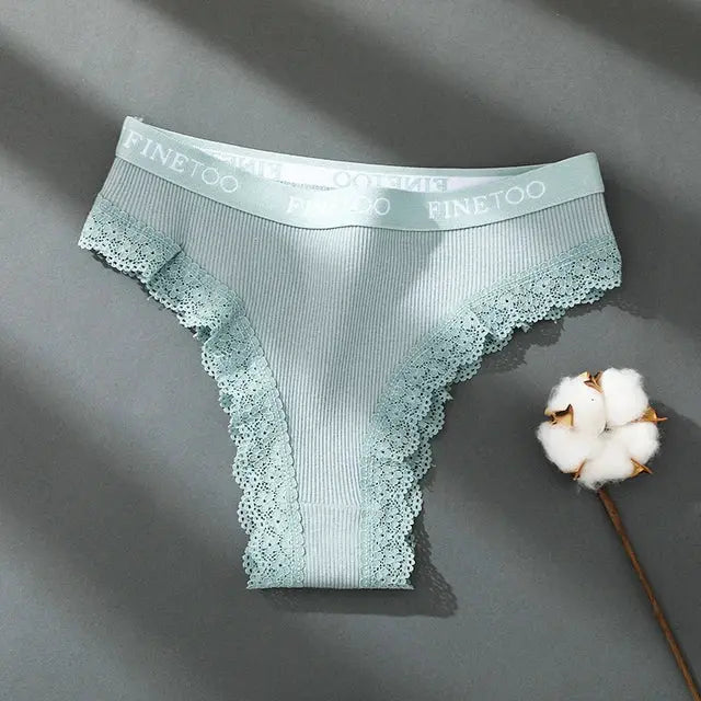 Women’s mint blue lace panties with FINETOO waistband.