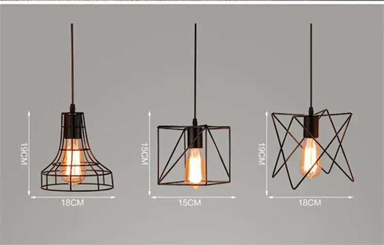 Set of three industrial retro iron art pendant lights with geometric cage frames in dark metal finishes.