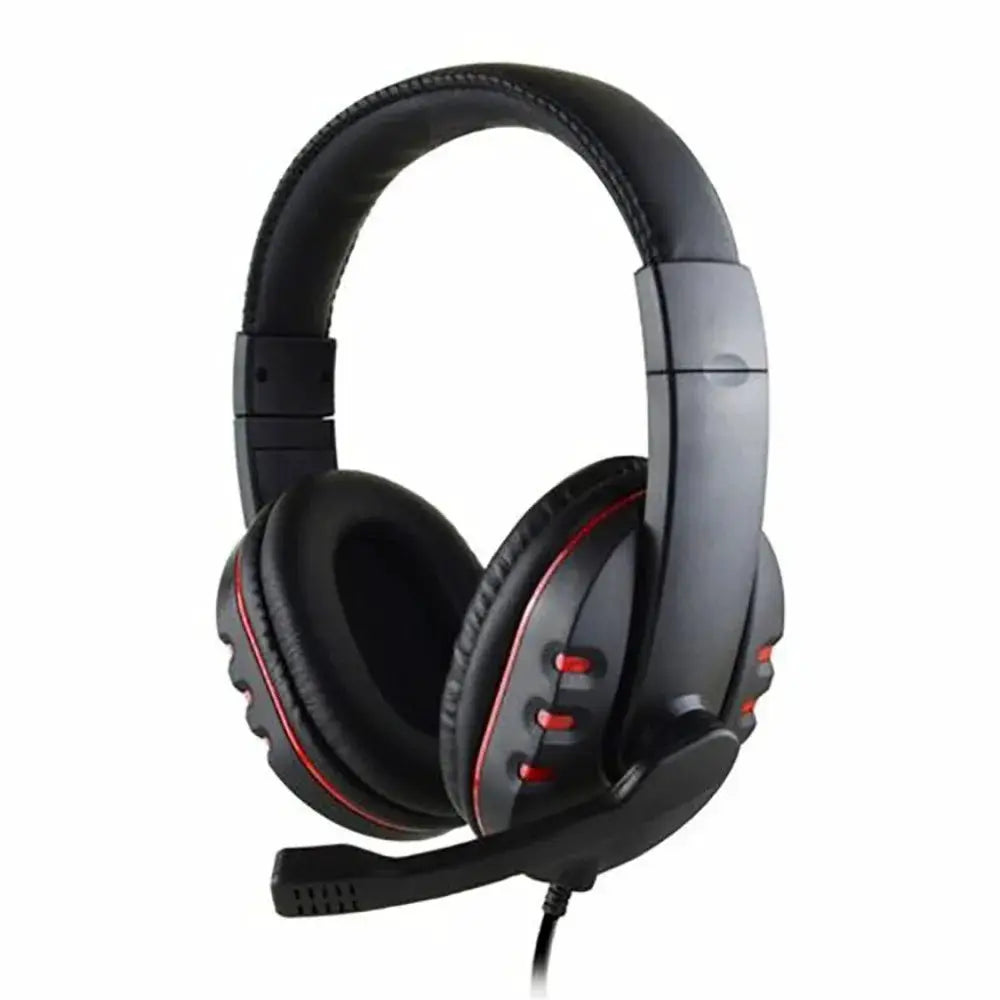 Gaming headset with 3.5mm wired connection and microphone, black with red accents, over-ear for PS4/PC.