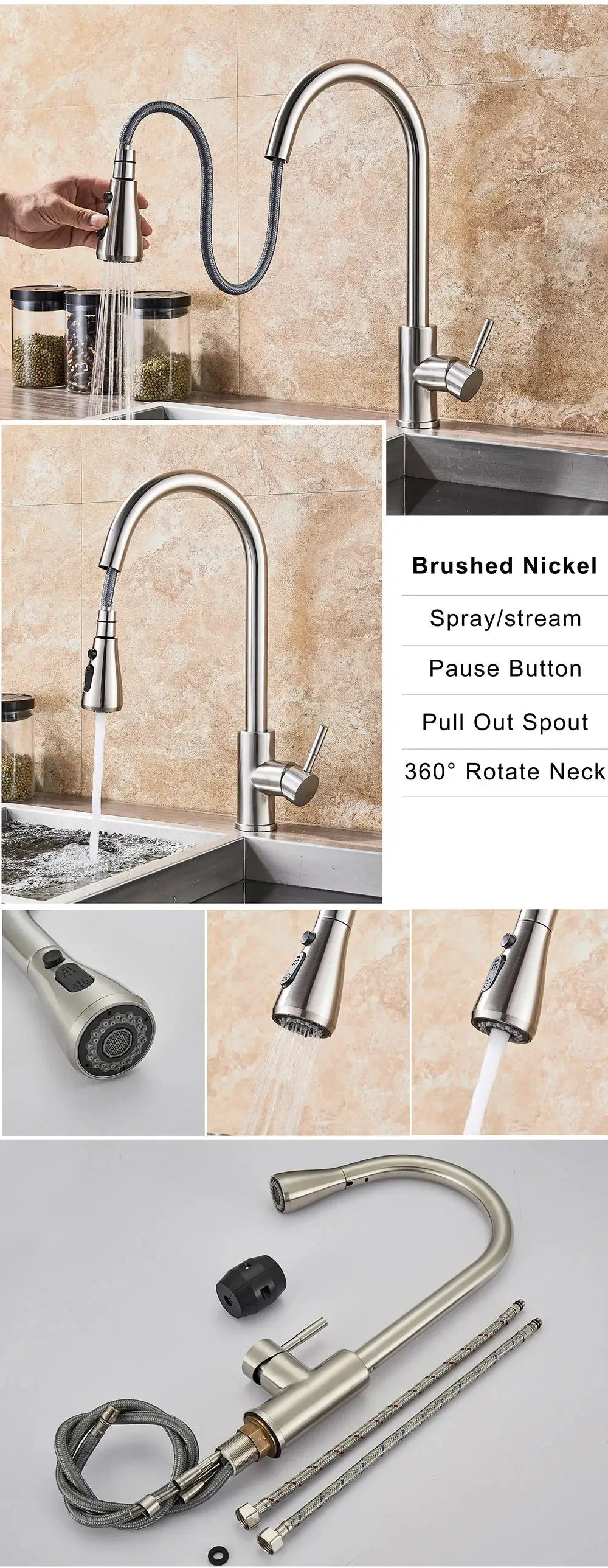 Brushed nickel kitchen faucet with pull-out spray head and flexible hose, deck mount by Simples Market, hot/cold.