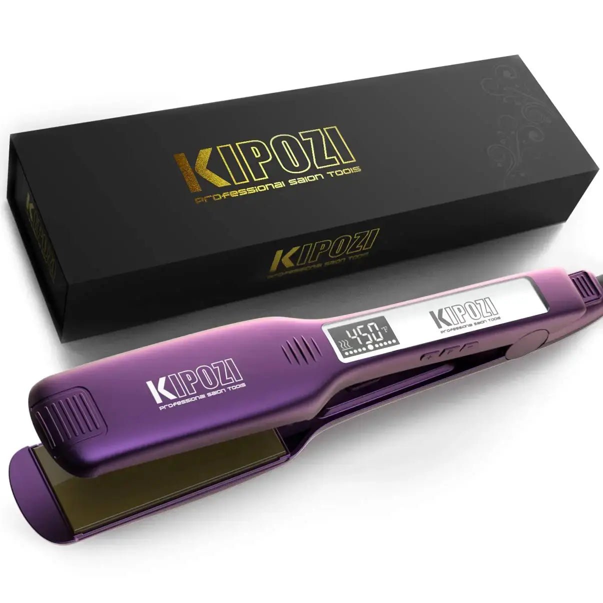 KIPOZI professional titanium flat iron in purple with digital LCD display, shown with black box