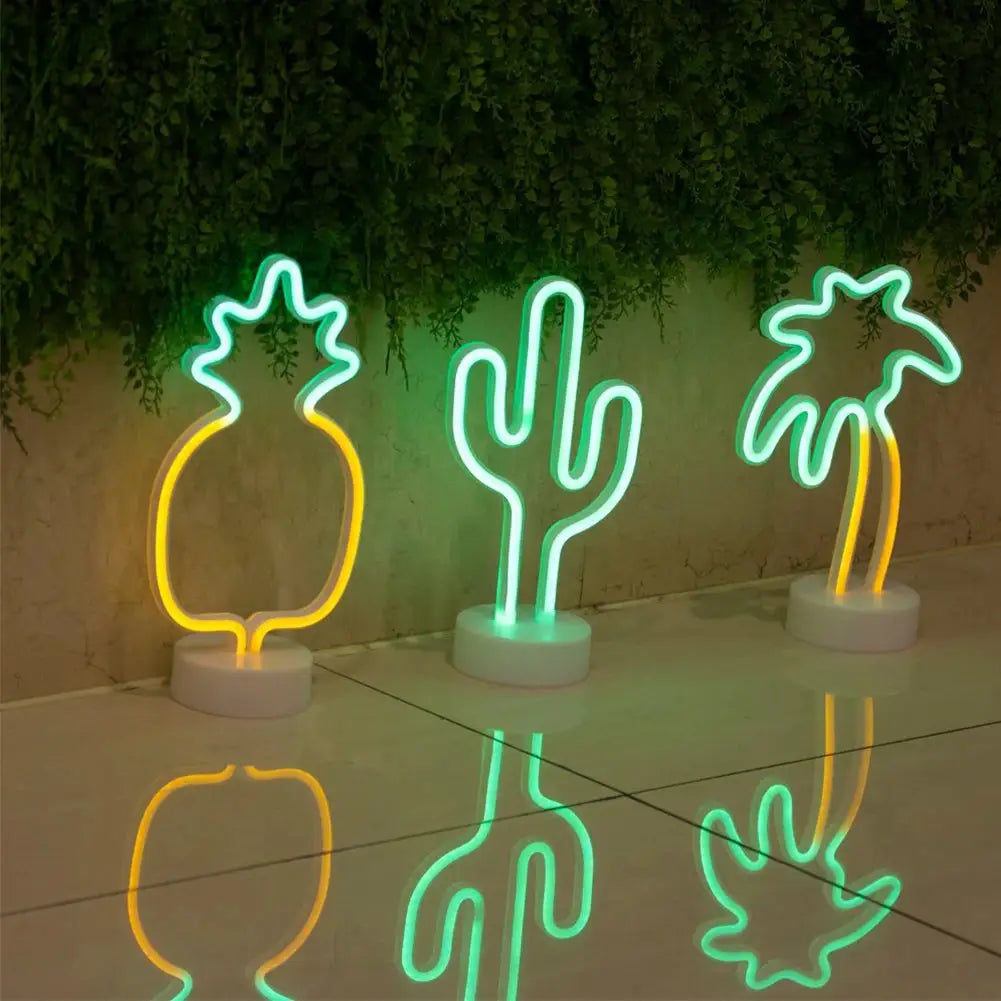 Neon LED sign trio: pineapple, cactus and palm tree shapes; USB-powered green and yellow outlines for home decor.