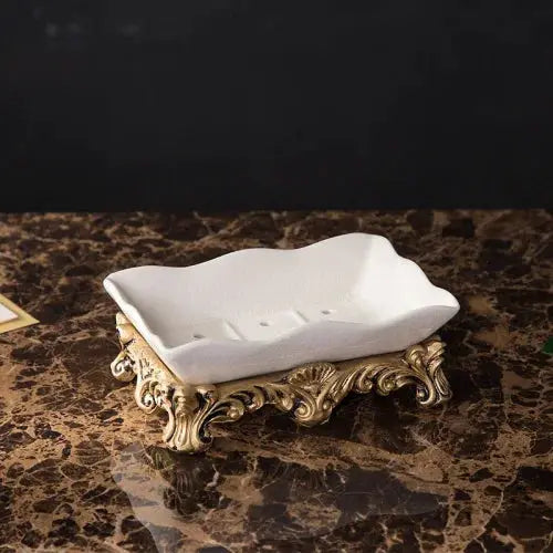 Bathroom soap dish, white ceramic tray on ornate gold-tone base, Simples Market
