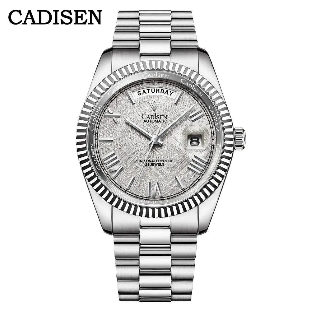 CADISEN men's automatic watch with meteorite dial, stainless steel bracelet, day/date window, 10ATM waterproof