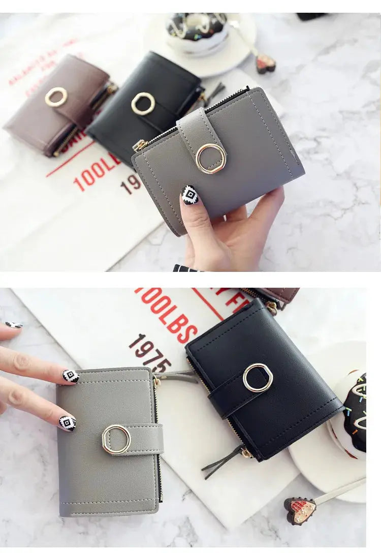 Women's PU zip wallet set by Simples Market in gray, black and brown with circular ring hardware
