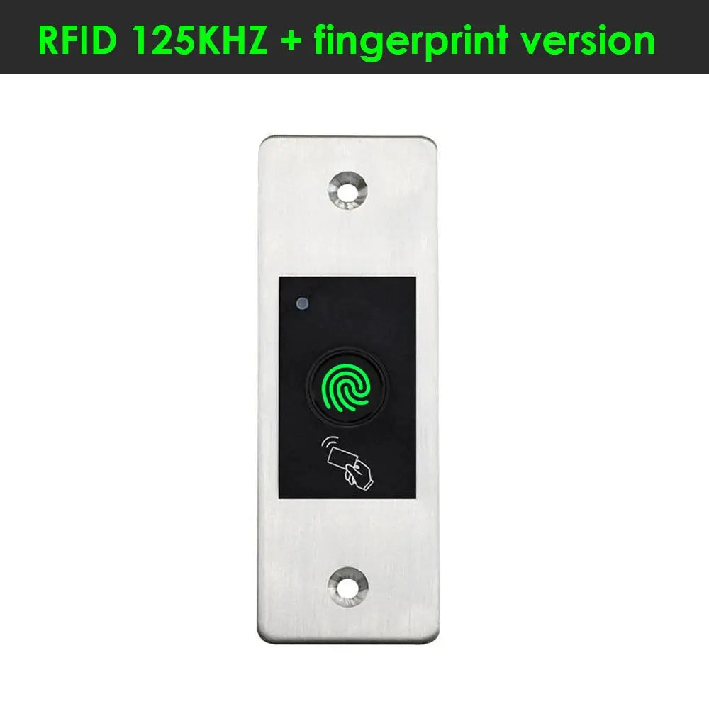 RFID door access reader with embedded green fingerprint on brushed stainless steel faceplate