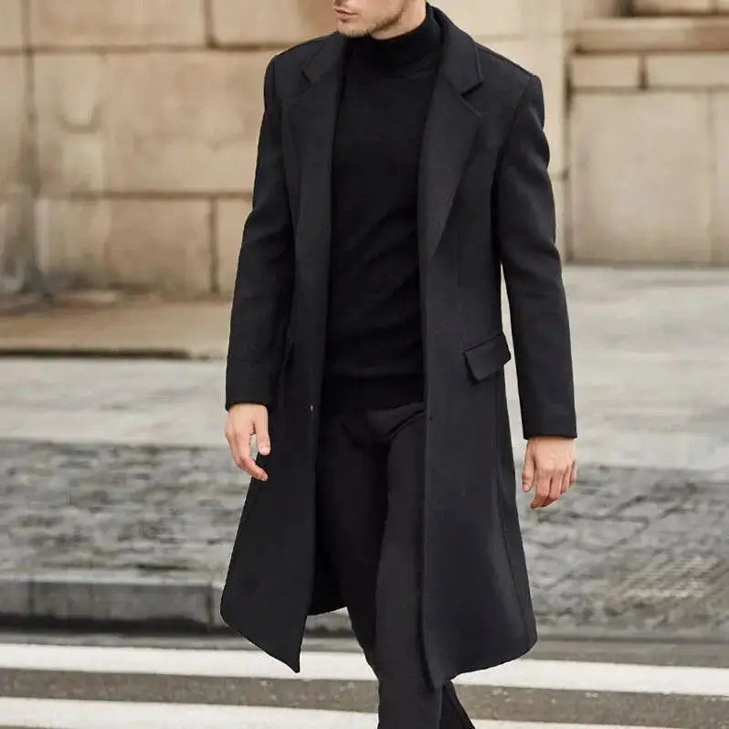 Men's black wool coat by Simples Market, long trench overcoat.