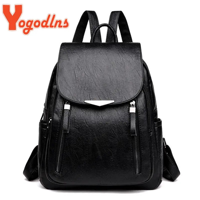 Yogodlns PU leather backpack for women, black, large-capacity with double zippers.