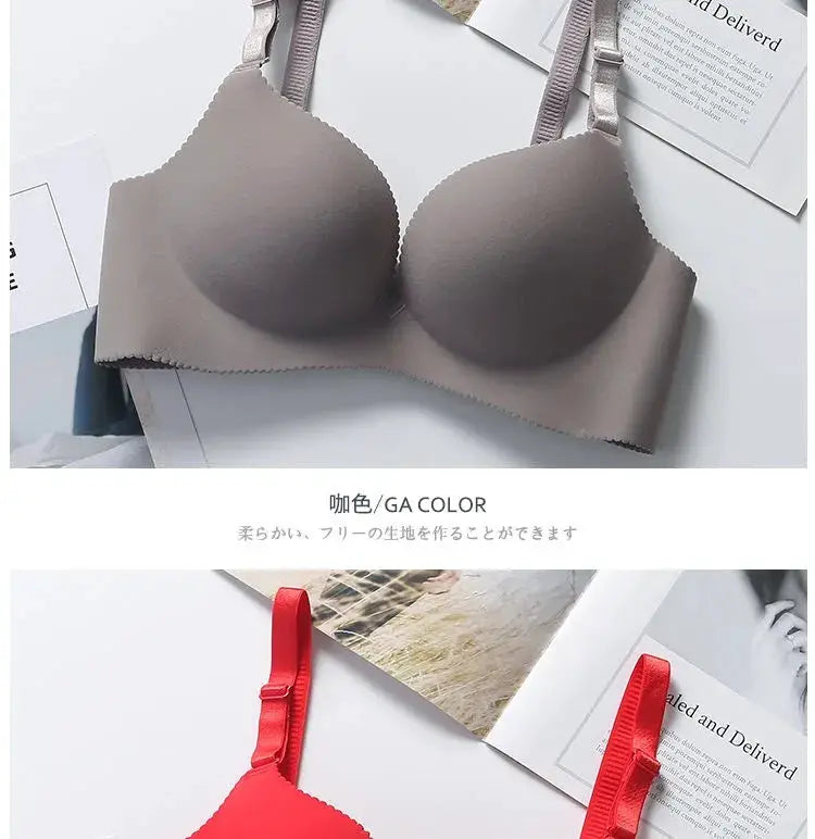 Two push-up bras from Simples Market in taupe and red; seamless wireless bralette with plunge neckline