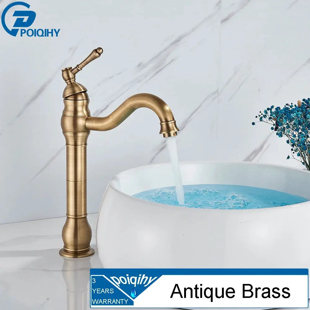 Antique brass vessel sink faucet, deck-mounted, single-hole hot and cold mixer by Simples Market (POIQIHY)