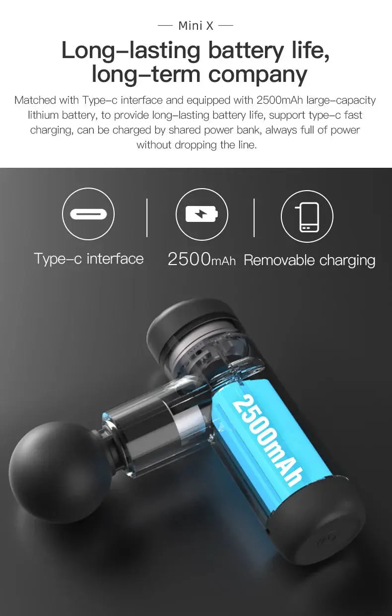 Booster Mini X massage gun, black handheld percussion massager with blue 2500mAh battery