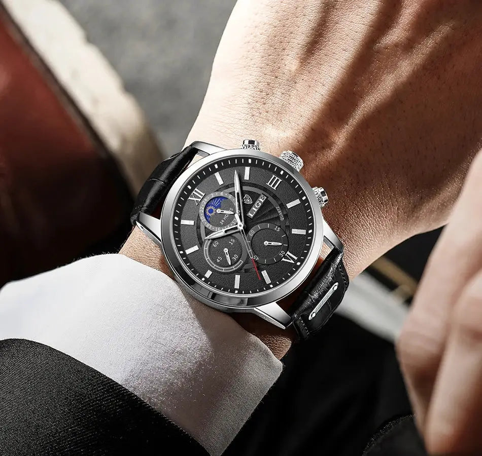 LIGE men's watch with black dial, silver case and black leather strap; chronograph subdials