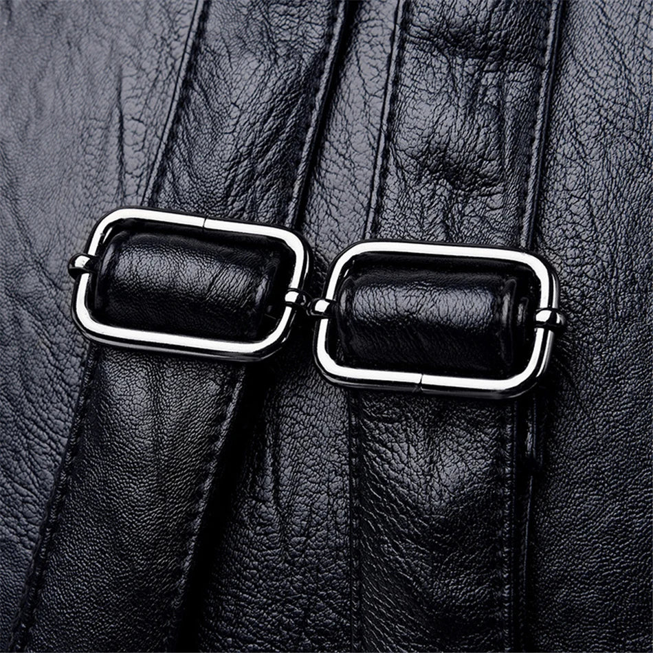 Genuine black leather backpack with twin silver buckles