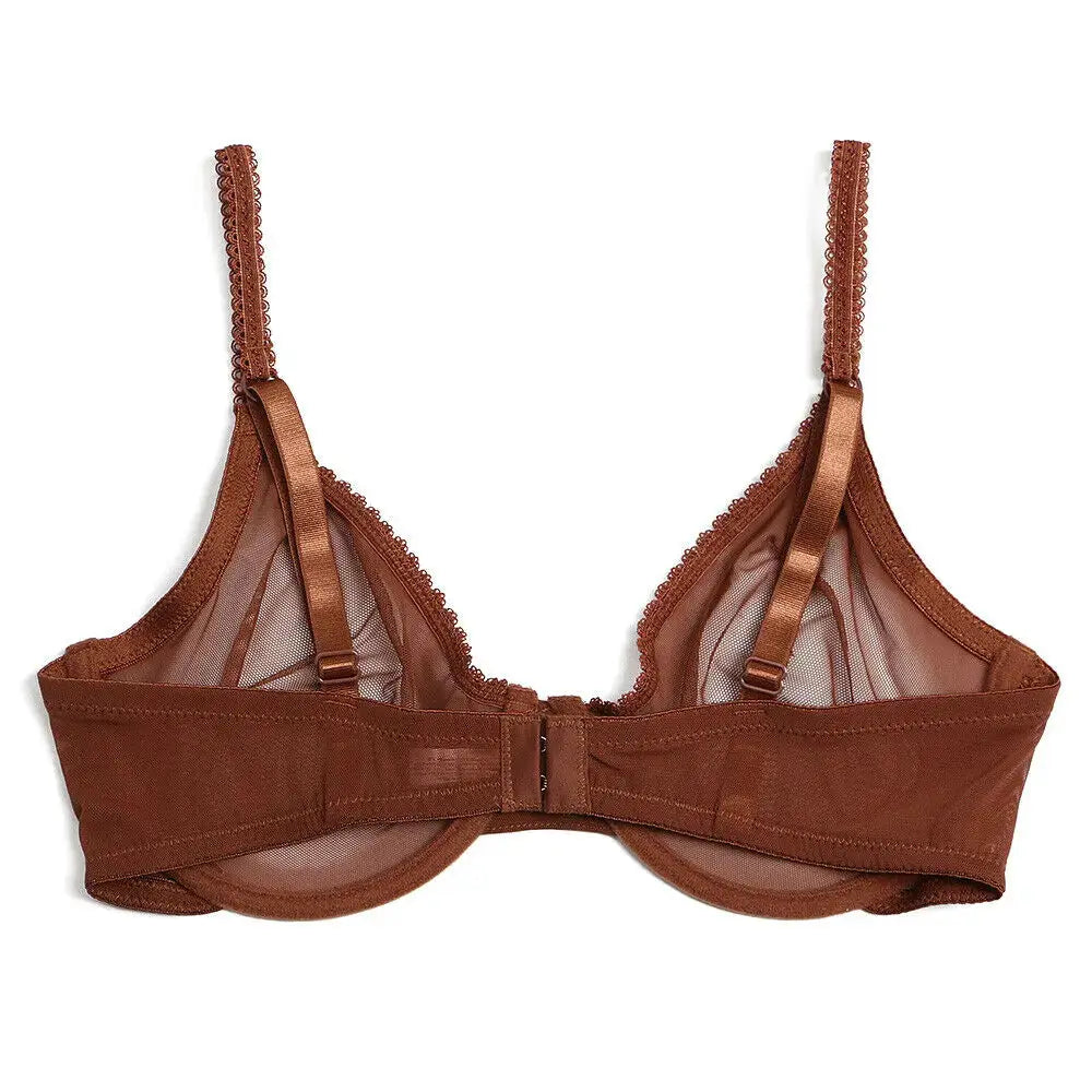 Brown lace mesh see-through bra with unlined cups, back hook closure, and adjustable straps