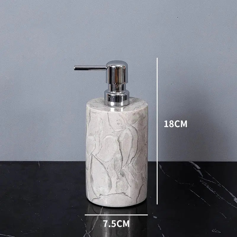 Liquid soap dispenser, marble-pattern with chrome pump, 18 cm tall