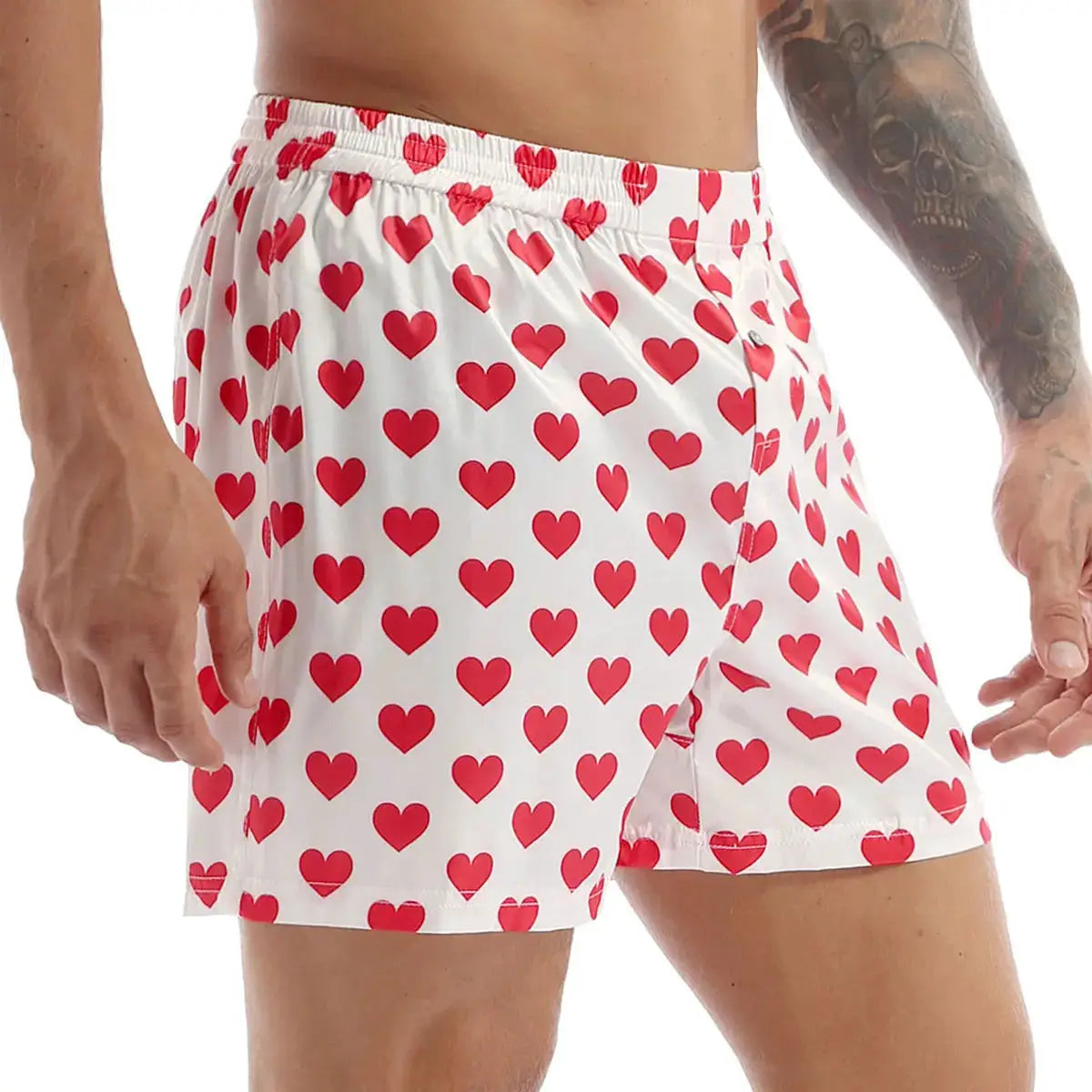Men's heart-print boxer shorts; white fabric with red hearts, lightweight loose beachwear