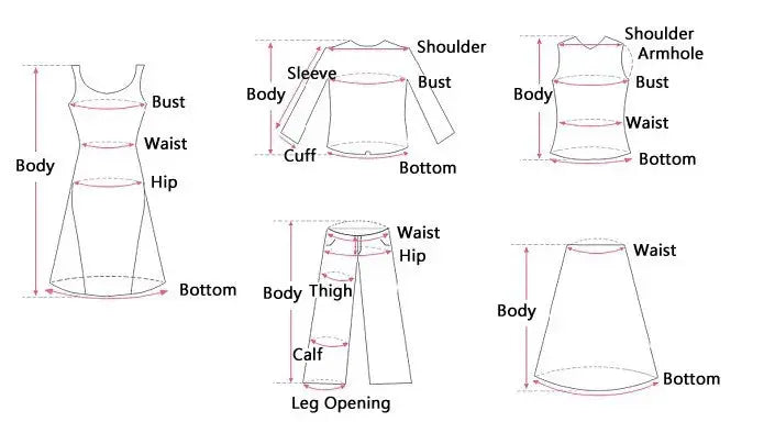 Simples Market women's garment size charts with bust, waist, and hip measurements for blouse, top, pants, and skirt