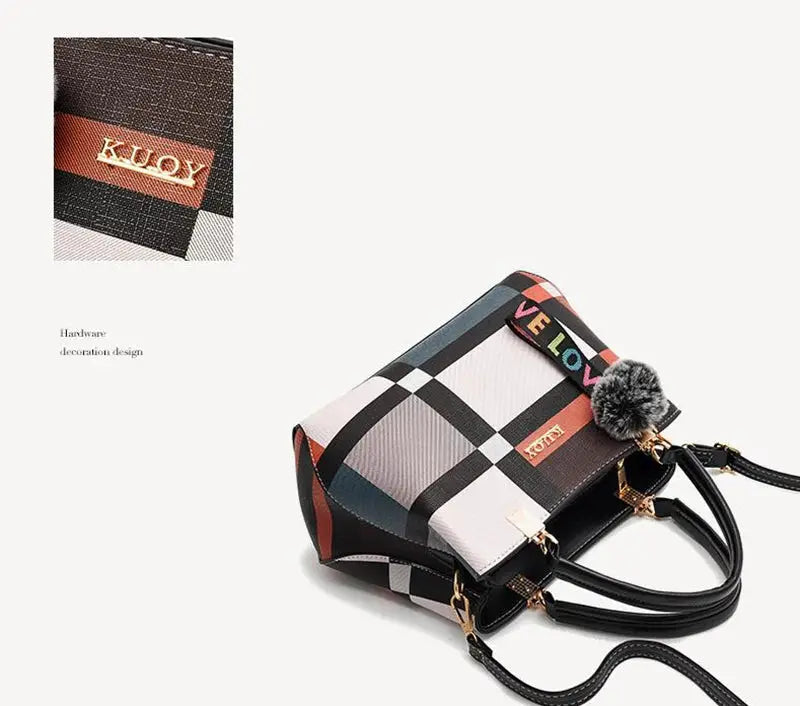 Crossbody handbag with multicolor plaid PU leather, gold hardware, and fluffy pom-pom charm featuring KUOY logo tag.