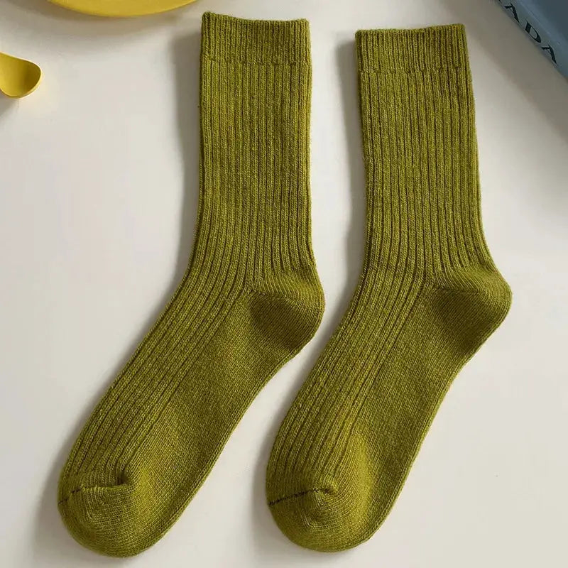 CHAOZHU Thick Warm Merino Wool Rib Socks For Women Solid Colors Loose Fit Japanese Korea Fashion Winter