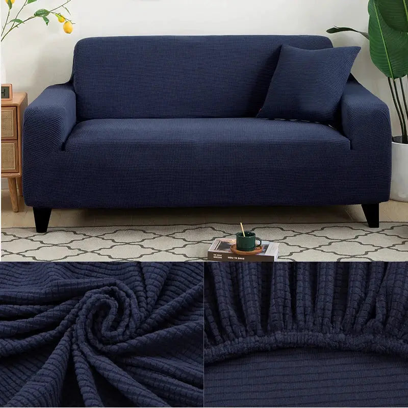 Simples Market navy jacquard sofa cover with elastic edge on a living room couch